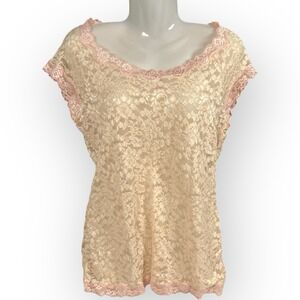Moda International Y2K‎ Lace Sheer Top Women's XL Peach Pink Cap Sleeve Floral